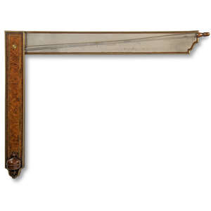 A George II brass-mounted walnut angle barometer, by Charles Orme, Ashby-de-la-Zouch, dated 1736, of 'sign-post' form, with brass mouldings and line in