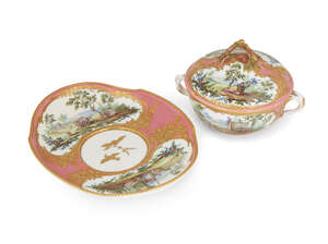 A Sèvres pink-ground broth-bowl, cover and stand (écuelle ronde tournée et plateau ovale), c.1760, blue interlaced L marks to bowl and stand, the bowl with 