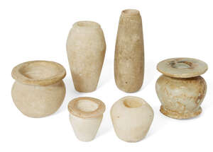 Six Egyptian alabaster vessels
		Middle Kingdom  New Kingdom, circa 2046-1069 B.C.
		Comprising a kohl jar with disc rim, 4.6cm high; an alabastron with twin