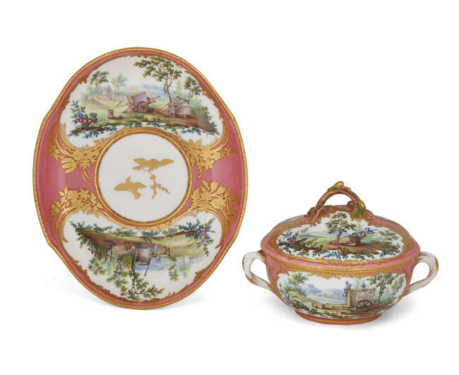 
	
		A Sèvres pink-ground broth-bowl, cover and stand (écuelle ronde tournée et plateau...