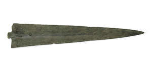 A heavy Bronze Age bronze short sword with leaf-shaped blade and pronounced midrib, cylindrical shoulder and rat-tail tang, 50cm long, and a bronze short sword