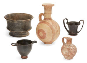 A group of pottery vessels, Circa 9th -3rd Century B.C.
Including a Cypriot Iron Age vessel, set on a raised circular base, the spherical body with decoration 