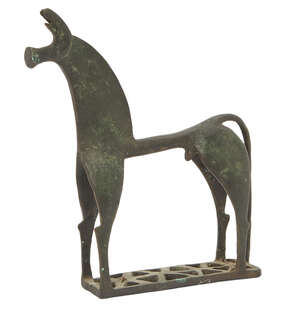 A large decorative bronze geometric Greek style horse, with trumpet-shaped mouth, forward curving ears and long tail extending to the openwork base, 17.2cm hig