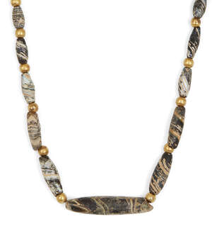 A Roman banded glass beaded necklace
		Circa 1st-4th Century A.D.
		Composed of barrel-shaped beads imitating banded agate, interspersed with modern spherica